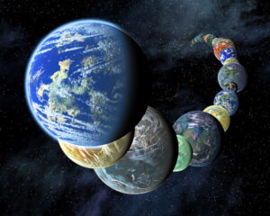 Exo-planets in a montage, artist's concept.