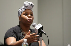 NEW YORK, NY - JUNE 01: Patrisse Cullors speaks during " The First Amendmant Resistance" panel during the BookExpo 2017 at Javits Center on June 1, 2017 in New York City. (Photo by John Lamparski/Getty Images)