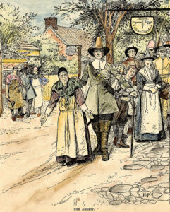 Illustration of Elderly Woman Being Led Away During the Salem Witch Trials