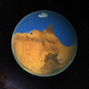 Computer-generated views of Mars with it's primitive ocean.